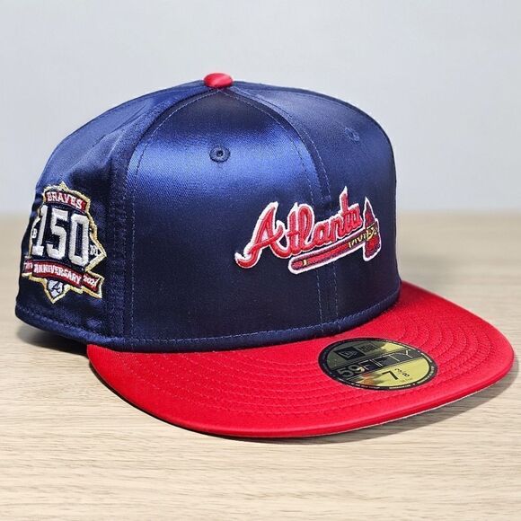 Atlanta Braves New Era 150th Anniversary Hat 59FIFTY Satin Navy Blue Red Limited - Picture 1 of 11